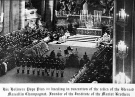 1955 Pope Pius XII kneeling in veneration of the relics of the Blessed Marcellin Champagnat. Foun...