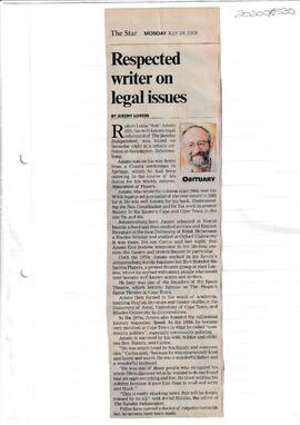 Respected writer on legal issues by Jeremy Gordin. The Star Monday Jul 24 2006. Obituary for Robe...