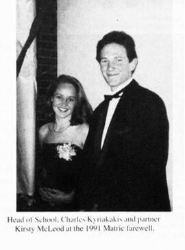 1991 Head of School Charles Kyriakakis with partner Kirsty McLeod at the 1991 Matric Farewell