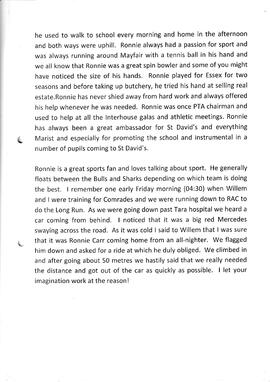 Ronnie Carr on his retirement. Speech made by Willy Castle