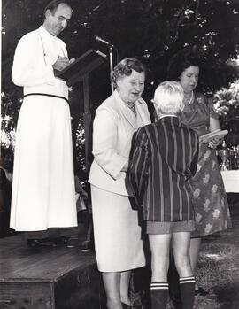 1975 Prize Giving with Brother Timothy, Mrs Kempster, Wendy Schaafsma and Mr & Mrs Slaven
