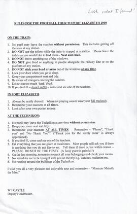 2000 Rules for the Football tour to Port Elizabeth